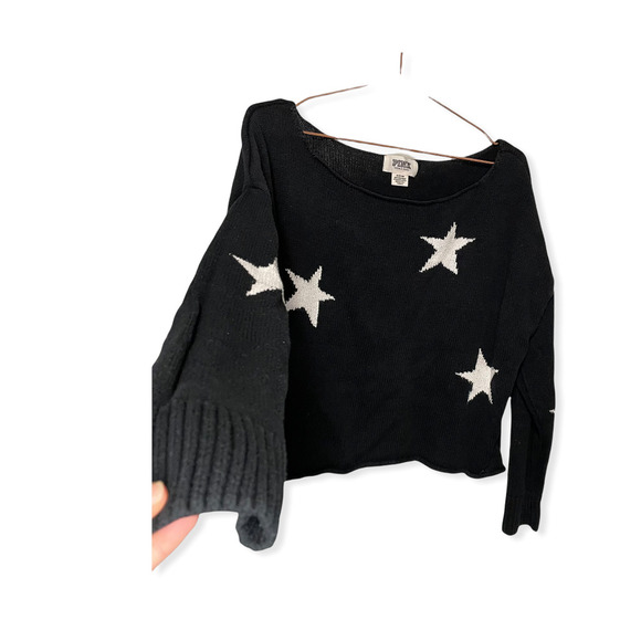 Pink Victoria Secret Cropped Off-The-Shoulder Sweater Black Star Print Medium - Picture 5 of 9